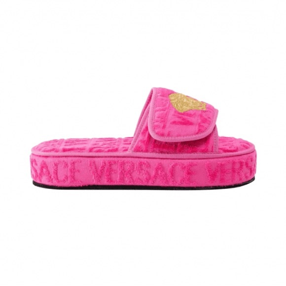 Versace Shoes - Versace Bright Pink Velvet Medusa Platform Slide with Gold Logo